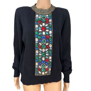 Bonnie Boerer & Co. Vintage Hand Beaded Rhinestone Black Ramie Sweater 80s sz M?